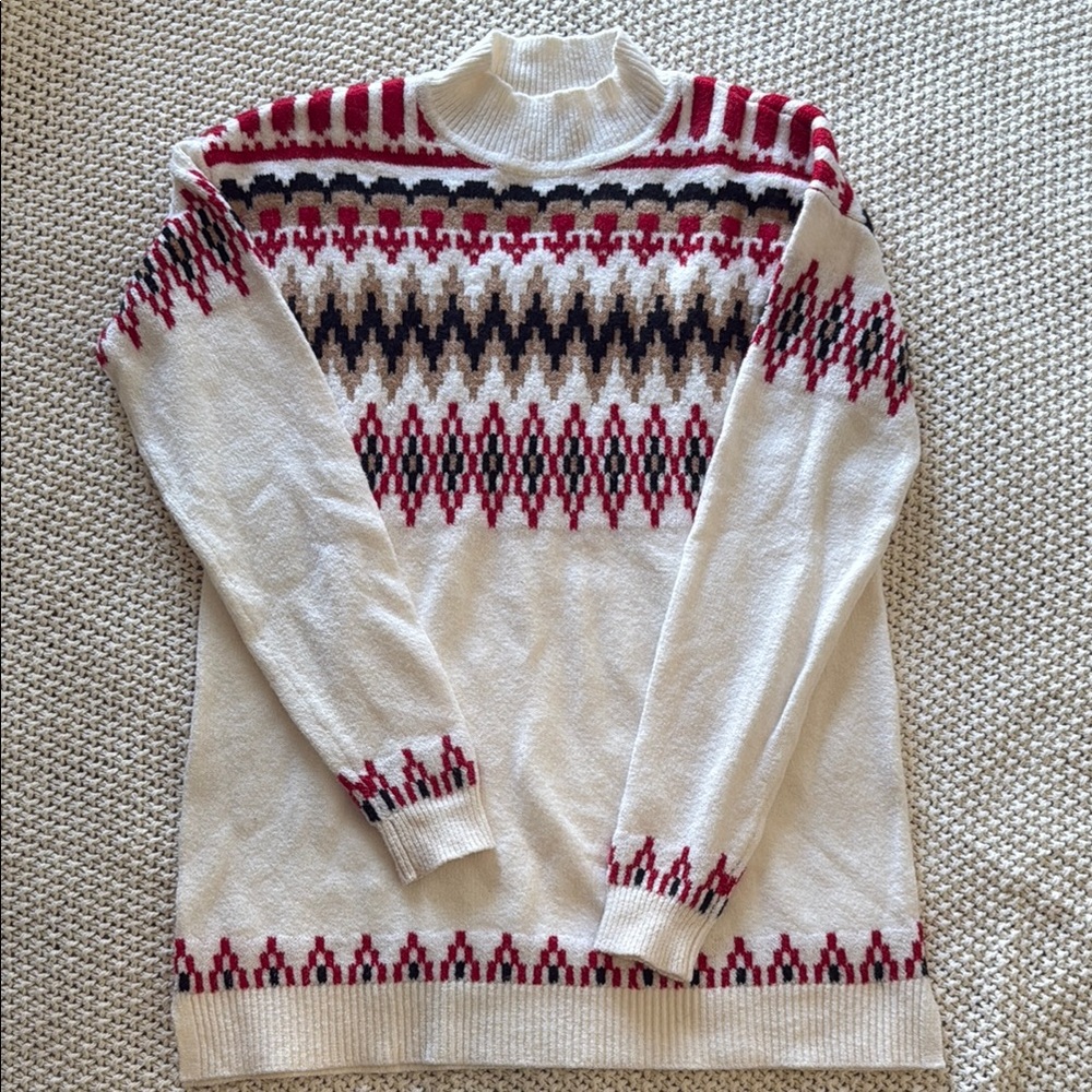 LOFT Fair Isle Mock Neck Sweater – Cream Red Tan Black – Women’s XS